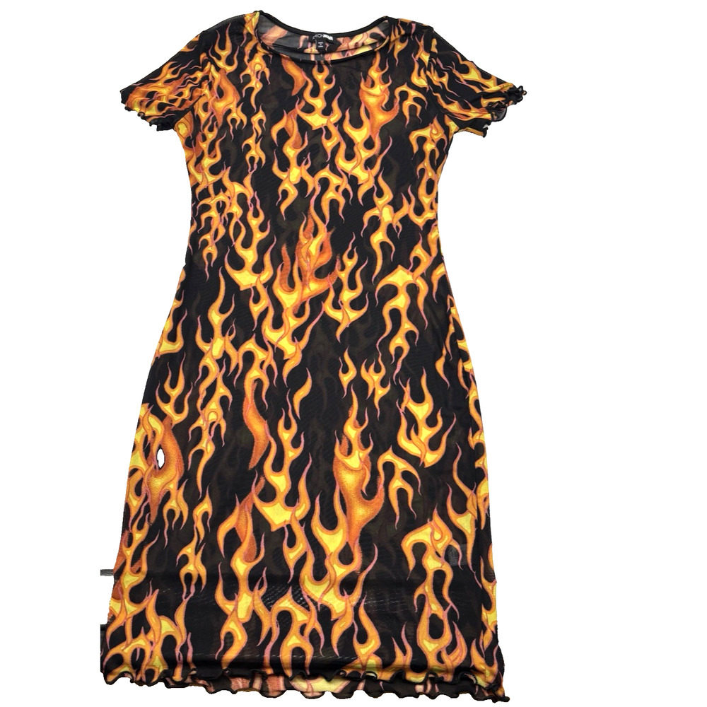 Deadstock Fashion Nova Black Orange Flames Scallop Hem Sheer Coverup Dress M